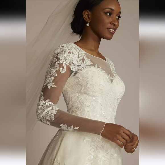 NWT Oleg Cassini High Neck Long Sleeve Illusion Neckline Wedding Dress, Size 12 - Picture 4 of 17